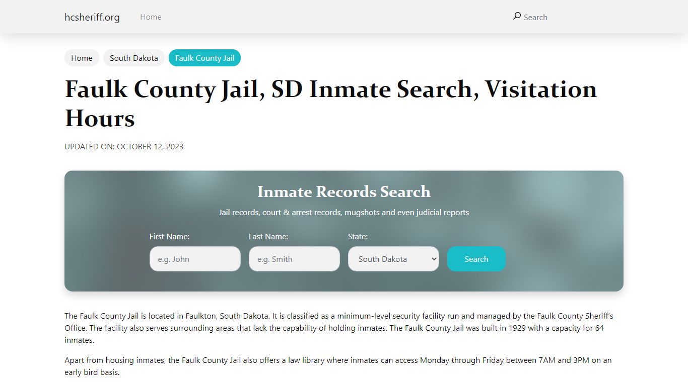 Faulk County Jail, SD Inmate Search, Visitation Hours